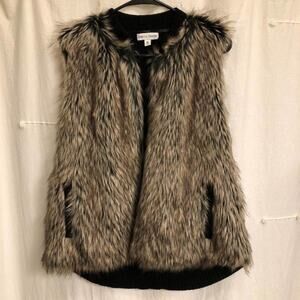 REBECCA MALONE Estilo Brown Grey Gray Black Faux Fur Knit Vest Womens Medium M